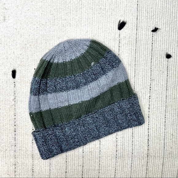 R The Rail Grey and Green Stripe Ribbed Beanie - Picture 1 of 4